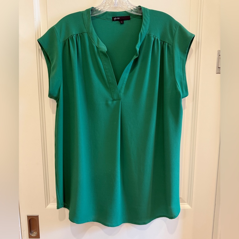Gibson Split Neck Pleat Front Green Blouse